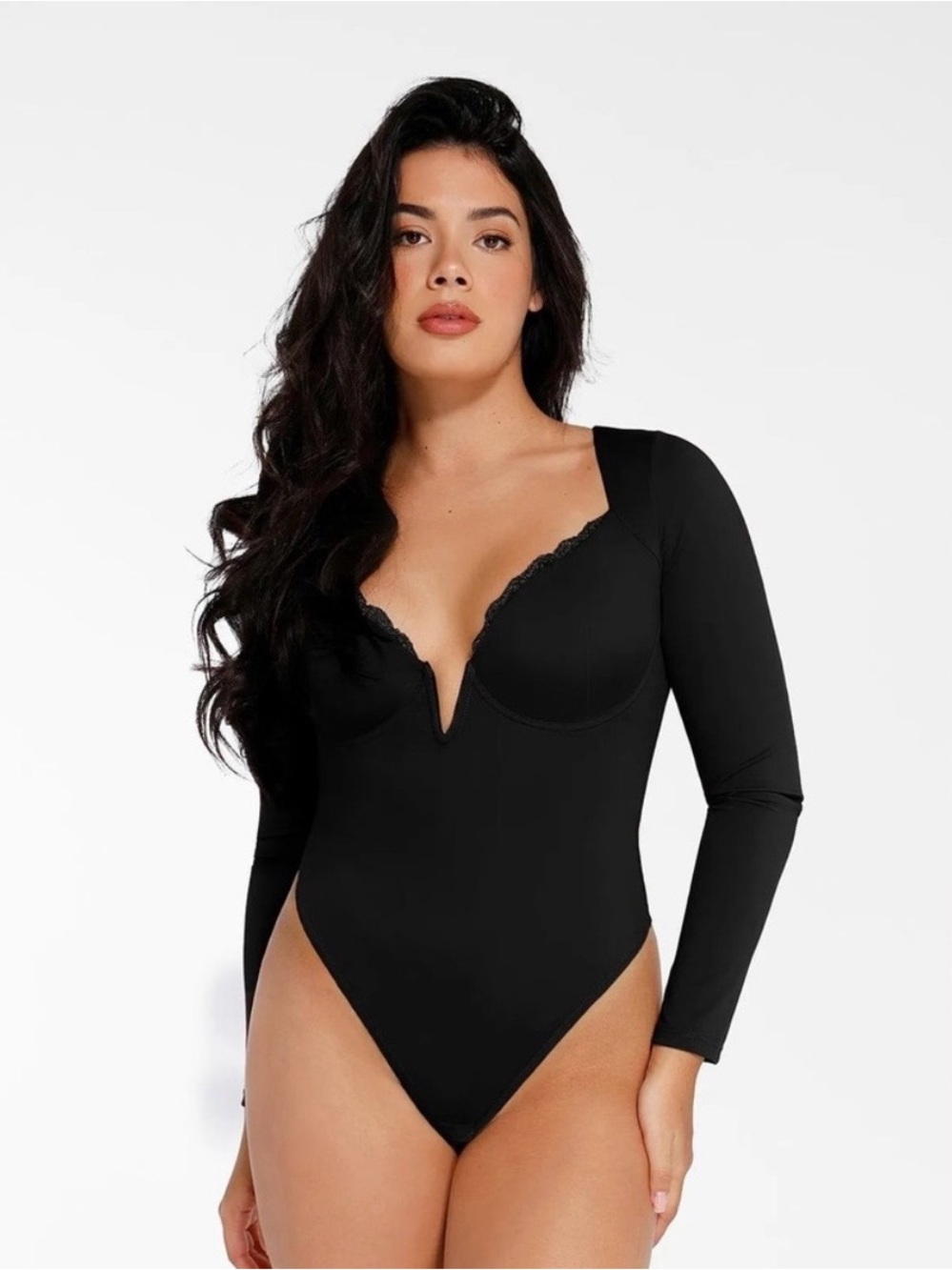 Popilush Shapewear Bodysuit Long Sleeve V Neck Lace Trim Size Small